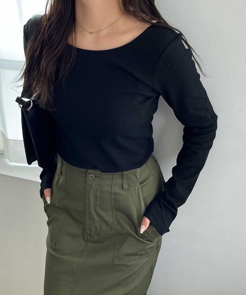 セール】【新色追加】バックオープンリブトップス（Tシャツ