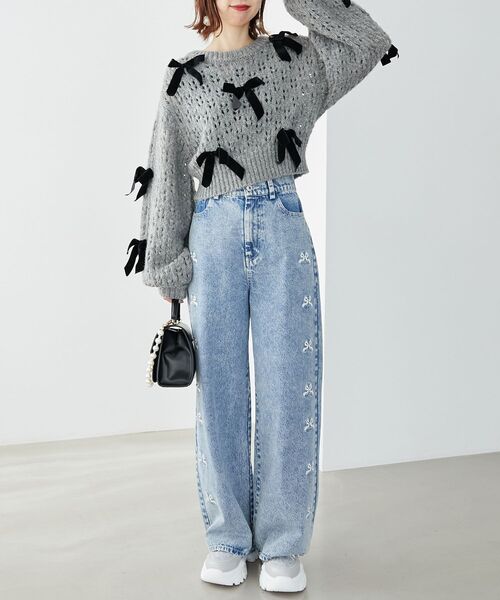 MAJESTIC LEGON（マジェスティックレゴン）の「ロマンティックリボンニット（ニット/セーター・レディース・チャコールグレー/アイボリー/ブラック・MEDIUM）」の4枚目の写真