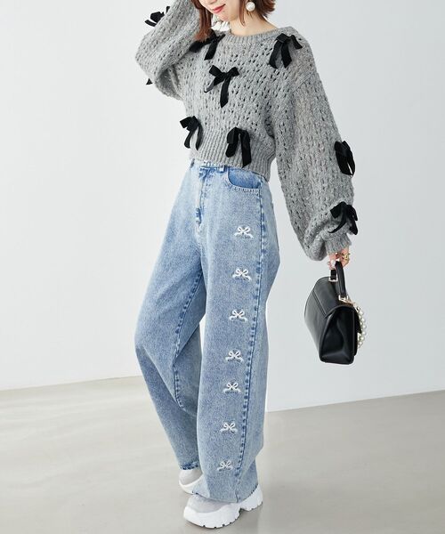 MAJESTIC LEGON（マジェスティックレゴン）の「ロマンティックリボンニット（ニット/セーター・レディース・チャコールグレー/アイボリー/ブラック・MEDIUM）」の5枚目の写真