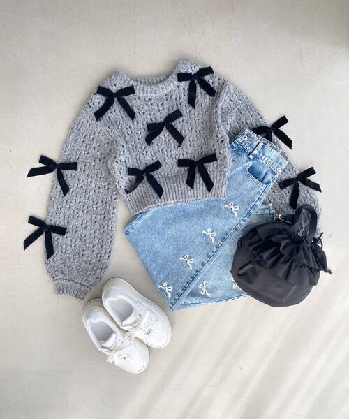 MAJESTIC LEGON（マジェスティックレゴン）の「ロマンティックリボンニット（ニット/セーター・レディース・チャコールグレー/アイボリー/ブラック・MEDIUM）」の11枚目の写真