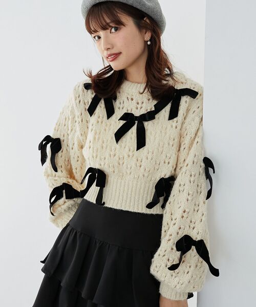 MAJESTIC LEGON（マジェスティックレゴン）の「ロマンティックリボンニット（ニット/セーター・レディース・チャコールグレー/アイボリー/ブラック・MEDIUM）」の18枚目の写真