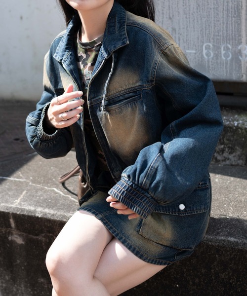 WEGO(ウィゴー)の「WEGO/ヴィンテージウォッシュバイカージャケット(デニムジャケット・レディース・ダークブルー/ブラック・FREE)」の14枚目の写真