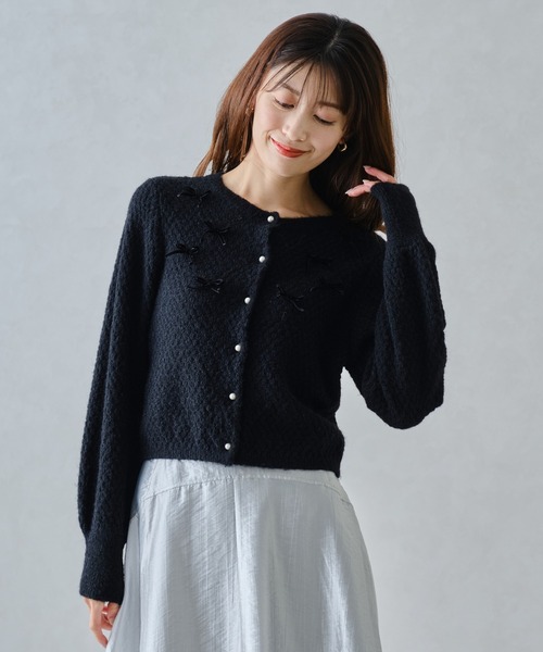 美品　ガーリッシュ　パール トップス ブラック　ツイード調　長袖　ショート丈　M セール】□2024秋冬新作□ふわふわリボンカーディガン/MM448403
