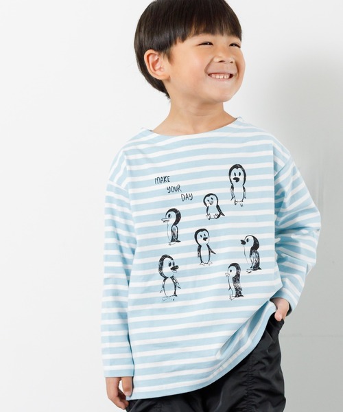 ペンギンボーダー長袖Tシャツ□80～140cm（Tシャツ/カットソー