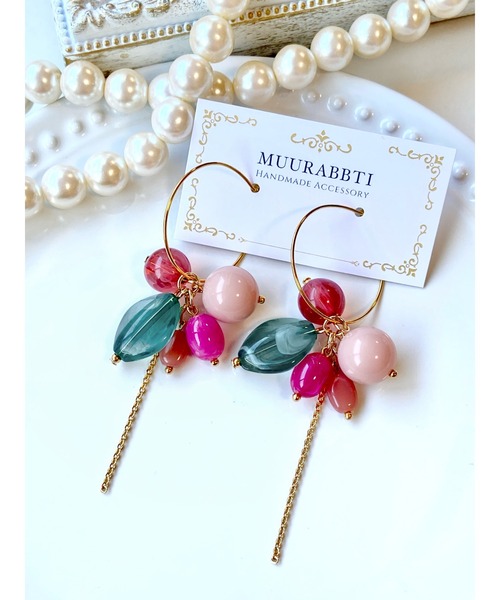 marjoram マジョラム　ピンクストーン　フープピアス MUURABBTI】ピンクとビリジアングリーンのフープピアス(MA