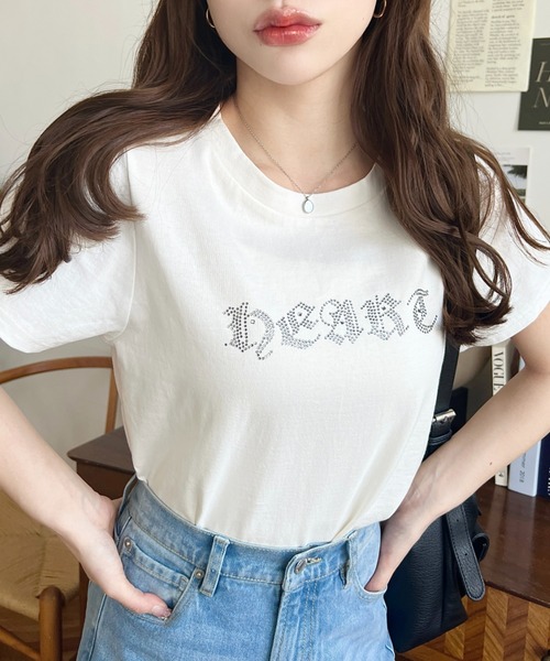 moment+(モーメントプラス)の「ラインストーンロゴ半袖Tシャツ(Tシャツ/カットソー・レディース・ピンク/ブルー/チャコールグレー/オフホワイト・M/L)」の7枚目の写真