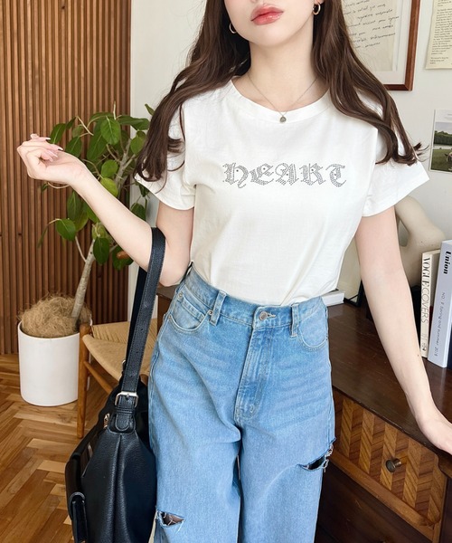moment+(モーメントプラス)の「ラインストーンロゴ半袖Tシャツ(Tシャツ/カットソー・レディース・ピンク/ブルー/チャコールグレー/オフホワイト・M/L)」の6枚目の写真