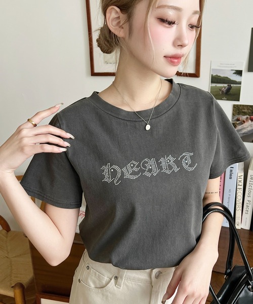 moment+(モーメントプラス)の「ラインストーンロゴ半袖Tシャツ(Tシャツ/カットソー・レディース・ピンク/ブルー/チャコールグレー/オフホワイト・M/L)」の13枚目の写真