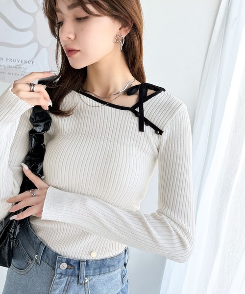 mily bilet(ミウィビレット)の「【mily bilet】くるみボタンアシンメトリーネックボーダーリブニット(長袖)(ニット/セーター・レディース・ベージュ/アイボリー/ブラック・X-LARGE/SMALL/MEDIUM/LARGE)」の11枚目の写真