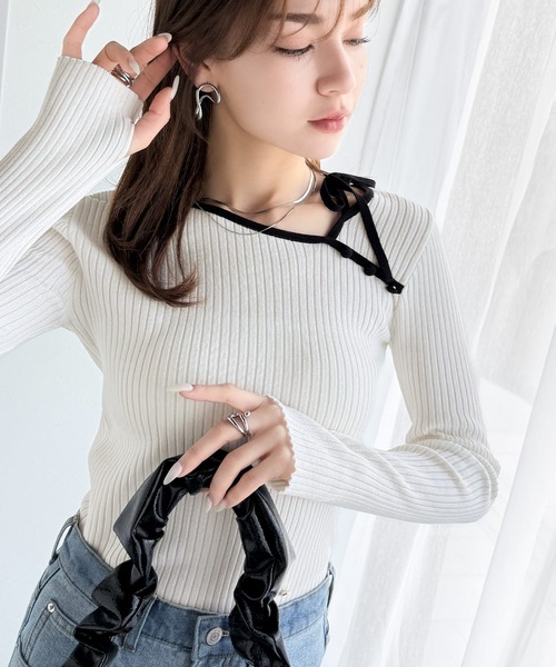 mily bilet(ミウィビレット)の「【mily bilet】くるみボタンアシンメトリーネックボーダーリブニット(長袖)(ニット/セーター・レディース・ベージュ/アイボリー/ブラック・X-LARGE/SMALL/MEDIUM/LARGE)」の13枚目の写真