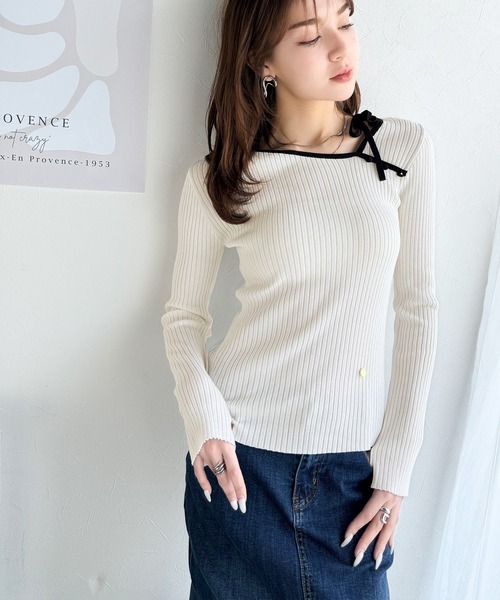 mily bilet(ミウィビレット)の「【mily bilet】くるみボタンアシンメトリーネックボーダーリブニット(長袖)(ニット/セーター・レディース・ベージュ/アイボリー/ブラック・X-LARGE/SMALL/MEDIUM/LARGE)」の16枚目の写真