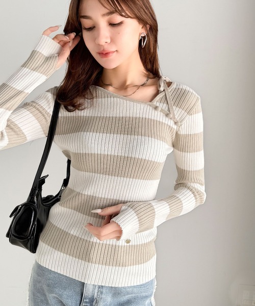 mily bilet(ミウィビレット)の「【mily bilet】くるみボタンアシンメトリーネックボーダーリブニット(長袖)(ニット/セーター・レディース・ベージュ/アイボリー/ブラック・X-LARGE/SMALL/MEDIUM/LARGE)」の10枚目の写真