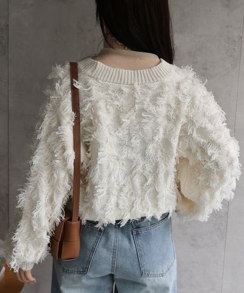 セール】【セットアップ】フリンジニットカーディガン / ショート丈