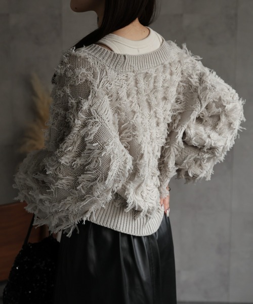 セール】【セットアップ】フリンジニットカーディガン / ショート丈