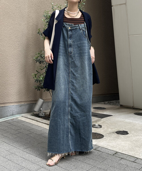 1回着用美品25年裾フリンジデニムジャンスカPSサイズDOUDOUドゥドゥブルー 裾フリンジデニムジャンスカ（ワンピース）｜DouDou（ドゥドゥ