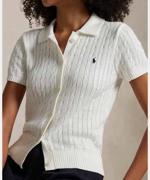 ケーブル コットン ショートスリーブ Polo カーディガン