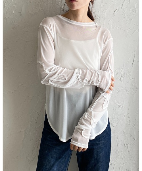 She's Closet（シーズクローゼット）の「コード刺繍クルーネック長袖シースルー/シアーロングTシャツカットソートップス（Tシャツ/カットソー・レディース・アイボリー/ブラック/チャコールグレー/オフホワイト・FREE）」の6枚目の写真