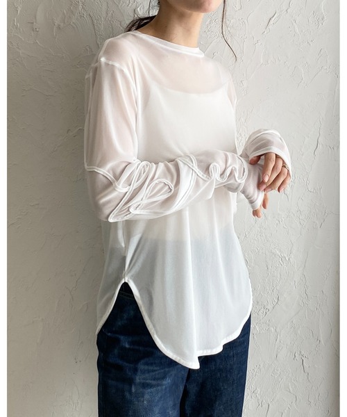 She's Closet（シーズクローゼット）の「コード刺繍クルーネック長袖シースルー/シアーロングTシャツカットソートップス（Tシャツ/カットソー・レディース・アイボリー/ブラック/チャコールグレー/オフホワイト・FREE）」の7枚目の写真