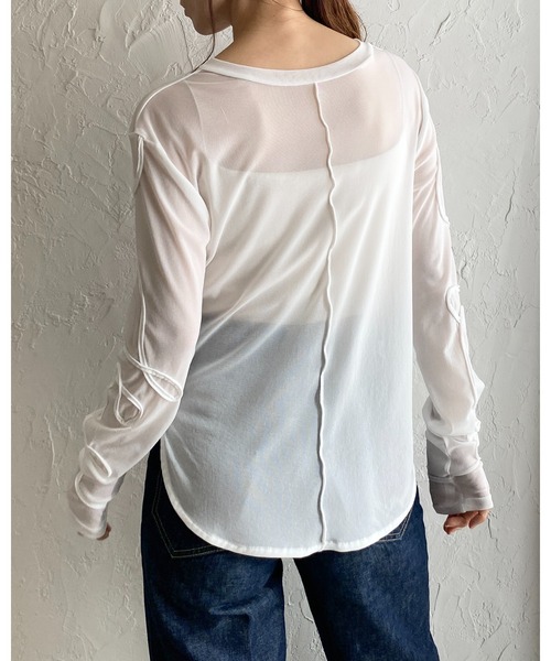 She's Closet（シーズクローゼット）の「コード刺繍クルーネック長袖シースルー/シアーロングTシャツカットソートップス（Tシャツ/カットソー・レディース・アイボリー/ブラック/チャコールグレー/オフホワイト・FREE）」の8枚目の写真