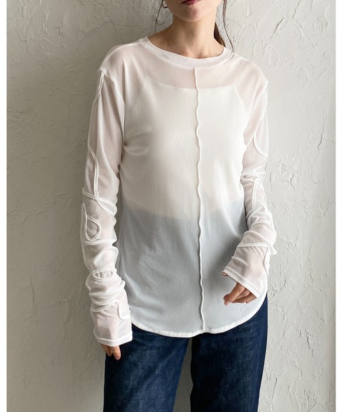 She's Closet（シーズクローゼット）の「コード刺繍クルーネック長袖シースルー/シアーロングTシャツカットソートップス（Tシャツ/カットソー・レディース・アイボリー/ブラック/チャコールグレー/オフホワイト・FREE）」の9枚目の写真