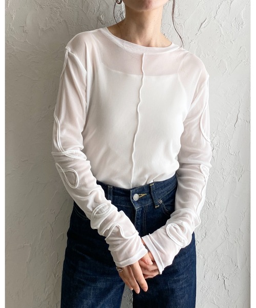 She's Closet（シーズクローゼット）の「コード刺繍クルーネック長袖シースルー/シアーロングTシャツカットソートップス（Tシャツ/カットソー・レディース・アイボリー/ブラック/チャコールグレー/オフホワイト・FREE）」の10枚目の写真