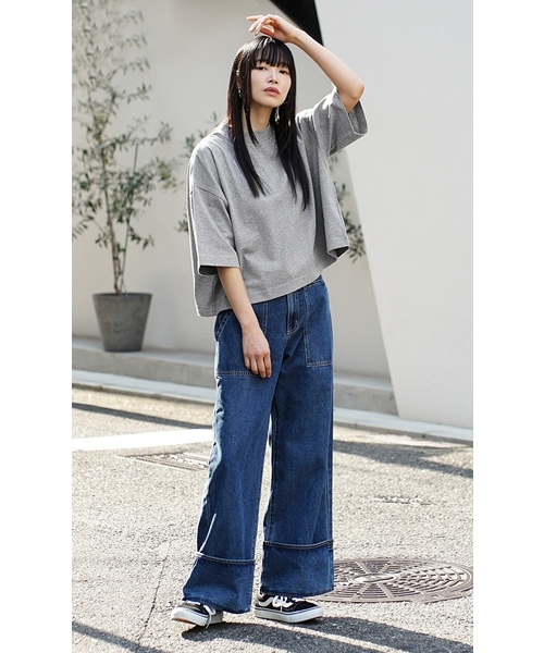 zootie(ズーティー)の「汗しみない クロップドTシャツ(Tシャツ/カットソー・レディース・ダークカーキ/カーキ系/ベージュ系/ネイビー/ラベンダー/モカ/アイボリー/レッド系/イエロー系その他/ブラック/杢グレー/グレイッシュブルー/オフホワイト・フリー)」の14枚目の写真