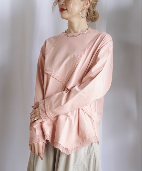 BITTOKO（ビットコ）の「メッシュ切替ロンT（Tシャツ/カットソー・レディース・ミント/ホワイト/ピンク/ブラック・FREE）」の4枚目の写真