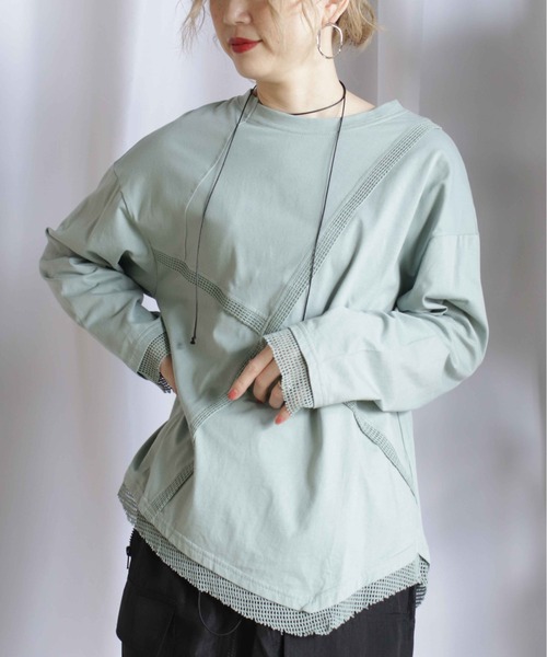 BITTOKO（ビットコ）の「メッシュ切替ロンT（Tシャツ/カットソー・レディース・ミント/ホワイト/ピンク/ブラック・FREE）」の14枚目の写真