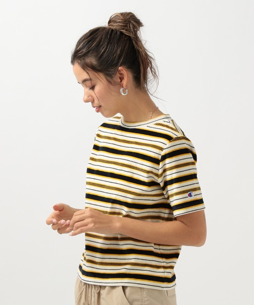 Champion（チャンピオン）の「【Champion(チャンピオン)】ボーダーTシャツ（Tシャツ/カットソー・レディース・オレンジ/オフホワイト・MEDIUM）」の2枚目の写真