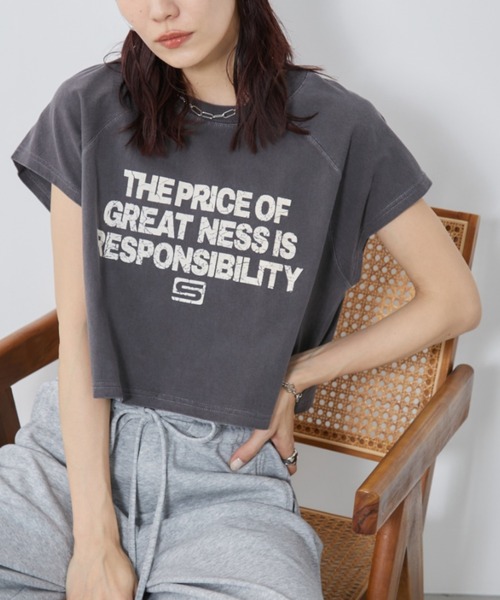 Auntie Rosa Holiday(アンティローザホリデー)の「ラグランクロップドプリントTEE(Tシャツ/カットソー・レディース・ナチュラル/チャコールグレー・FREE)」の1枚目の写真