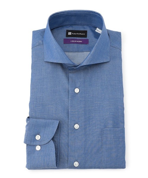 Perfect Suit FActory（パーフェクトスーツファクトリー）の「【ノンアイロン】長袖ワイシャツ【アーバン】デニムライク　ブラック/ブラウン/ブルー（ビジネスシャツ・メンズ・ブルー/ブラック/ブラウン・首回り37cm-裄丈80cm/首回り41cm-裄丈84cm/首回り39cm-裄丈82cm/首回り43cm-裄丈86cm）」の9枚目の写真