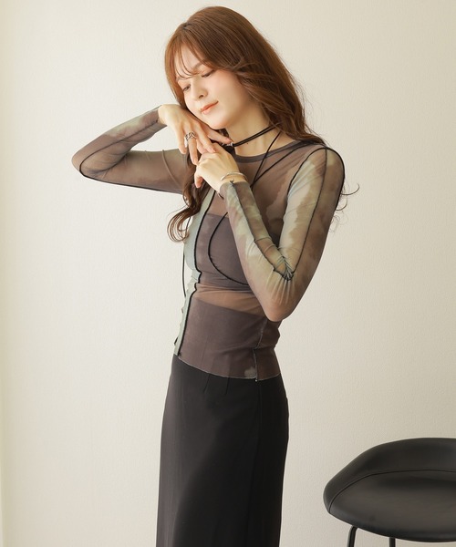 TELOPLAN シアートップス グラデーション テーロプラン セール】グラデーションクルーネック長袖シースルー/シアー