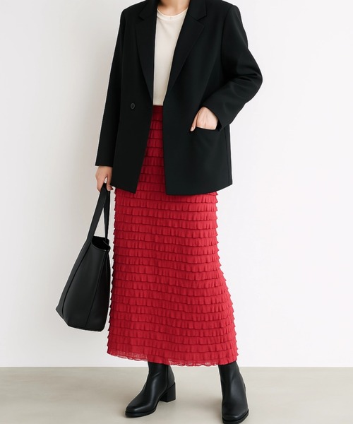 Shelly island（シェリーアイランド）の「フリルティアードIラインスカート（スカート・レディース・ブラック/ホワイト/レッド・FREE）」の3枚目の写真