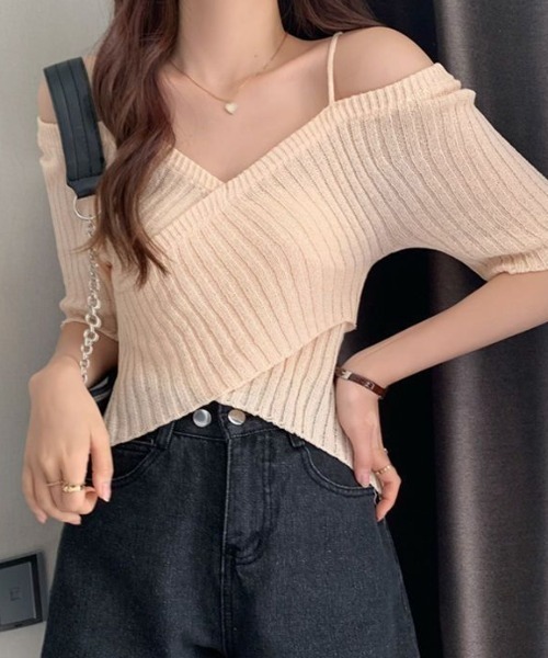 Teem Store(チームストア)の「【春夏新作】カシュクール風ストラップオフショルリブ半袖夏ニット(ニット/セーター・レディース・ホワイト/ブラック/ブルー/ピンク・F)」の16枚目の写真