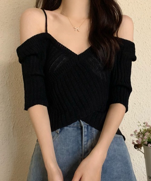 Teem Store(チームストア)の「【春夏新作】カシュクール風ストラップオフショルリブ半袖夏ニット(ニット/セーター・レディース・ホワイト/ブラック/ブルー/ピンク・F)」の8枚目の写真