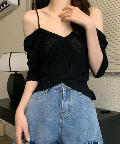 Teem Store(チームストア)の「【春夏新作】カシュクール風ストラップオフショルリブ半袖夏ニット(ニット/セーター・レディース・ホワイト/ブラック/ブルー/ピンク・F)」の10枚目の写真