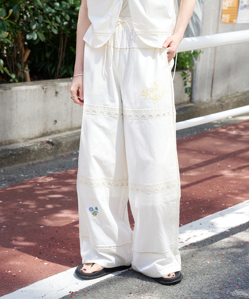セール】レース×刺繍トラックワイドパンツ セットアップ対応（その他