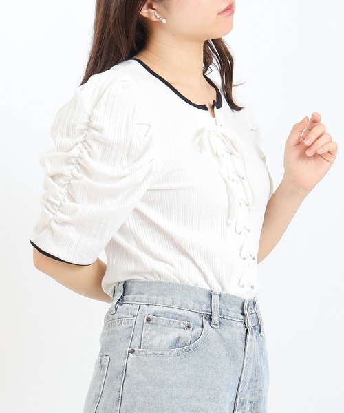 ASTORIA ODIER(アストリアオディール)の「レースアップリブカットソー(Tシャツ/カットソー・レディース・ホワイト×ブラック/ブラック/ホワイト・MEDIUM)」の12枚目の写真