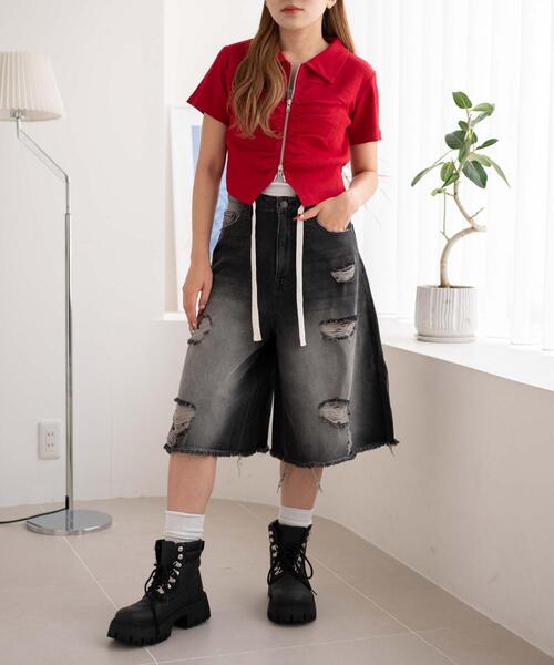 WEGO(ウィゴー)の「WEGO/WZIPギャザートップス(Tシャツ/カットソー・レディース・オフホワイト/レッド/スミクロ・FREE)」の7枚目の写真