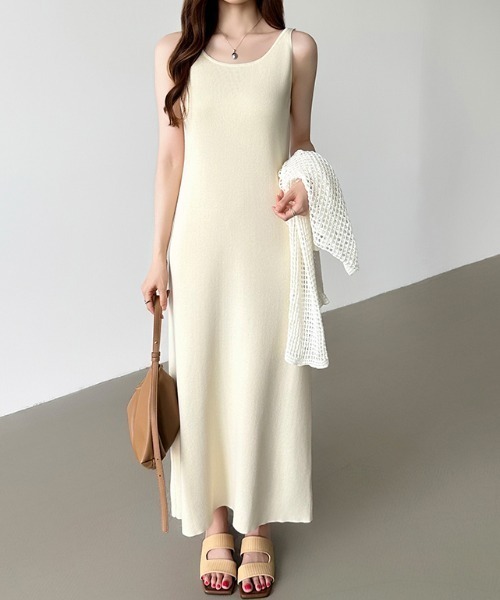 【美品】PREMISE DRESS サマーニットノースリーブワンピース 涼感サマーニットロング丈ノースリーブワンピースB（ワンピース