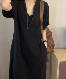 ハーフジップ半袖ワンピース