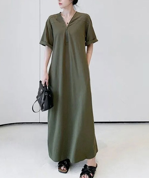SallyLunn(サリーラン)の「ハーフジップ半袖ワンピース(ワンピース・レディース・カーキ/ブラック・LARGE/MEDIUM)」の6枚目の写真