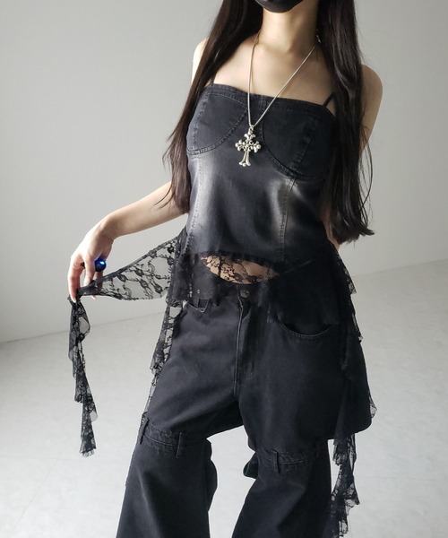 me+em select(ミームセレクト)の「※※【 2color 】ヴィンテージライクレースフリルデニムビスチェ / vintage like lace frill denim bustier(キャミソール・レディース・ブルー/ブラック・FREE)」の14枚目の写真