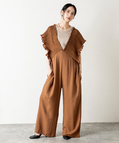 人気　楊柳シャーリング　サロペット　黒　茶　M2枚 人気 楊柳シャーリング サロペット 黒 茶 M2枚