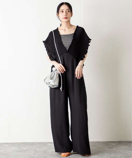 人気 楊柳シャーリング サロペット 黒 茶 M2枚 SET]楊柳シャーリング