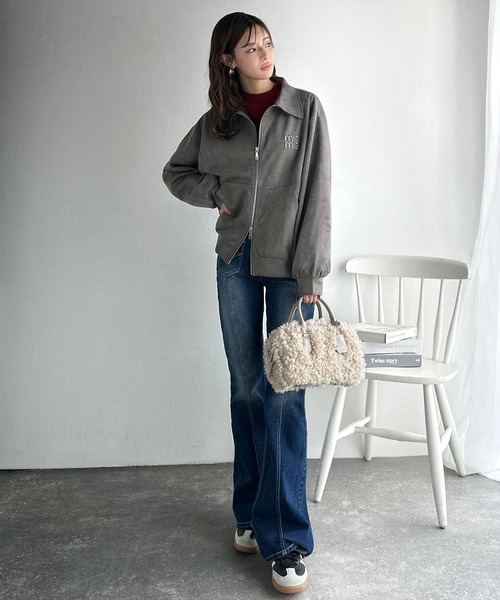 mily bilet（ミウィビレット）の「【mily bilet】柔らかタッチで重ね着にも最適♪立体刺繍デザインスエードポンチ素材ダブルジップブルゾン アウター（ブルゾン・レディース・キャメル/チャコール・X-LARGE/LARGE/MEDIUM/SMALL）」の13枚目の写真