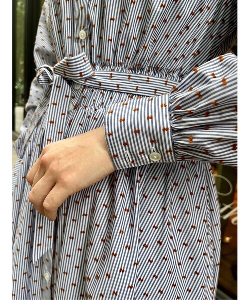セール】コットン ストライプ クリップドット ベルテッドシャツ