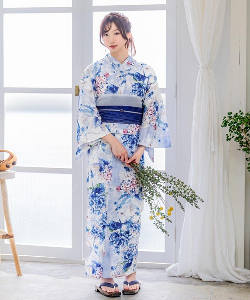 kimonomachi（キモノマチ）の「Clarus レディース 女性浴衣2点セット（浴衣＋グラデしわ兵児帯）「夏の思い出」F/フリーサイズ 綿浴衣 大人可愛い きもの町オリジナル 女性用浴衣 ゆかた yukata（浴衣・レディース・ライトブルー/ホワイト×パープル/スカイブルー・FREE）」の5枚目の写真