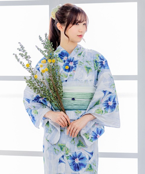 kimonomachi（キモノマチ）の「Clarus レディース 女性浴衣2点セット（浴衣＋グラデしわ兵児帯）「夏の思い出」F/フリーサイズ 綿浴衣 大人可愛い きもの町オリジナル 女性用浴衣 ゆかた yukata（浴衣・レディース・ライトブルー/ホワイト×パープル/スカイブルー・FREE）」の8枚目の写真