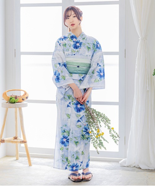 kimonomachi（キモノマチ）の「Clarus レディース 女性浴衣2点セット（浴衣＋グラデしわ兵児帯）「夏の思い出」F/フリーサイズ 綿浴衣 大人可愛い きもの町オリジナル 女性用浴衣 ゆかた yukata（浴衣・レディース・ライトブルー/ホワイト×パープル/スカイブルー・FREE）」の9枚目の写真